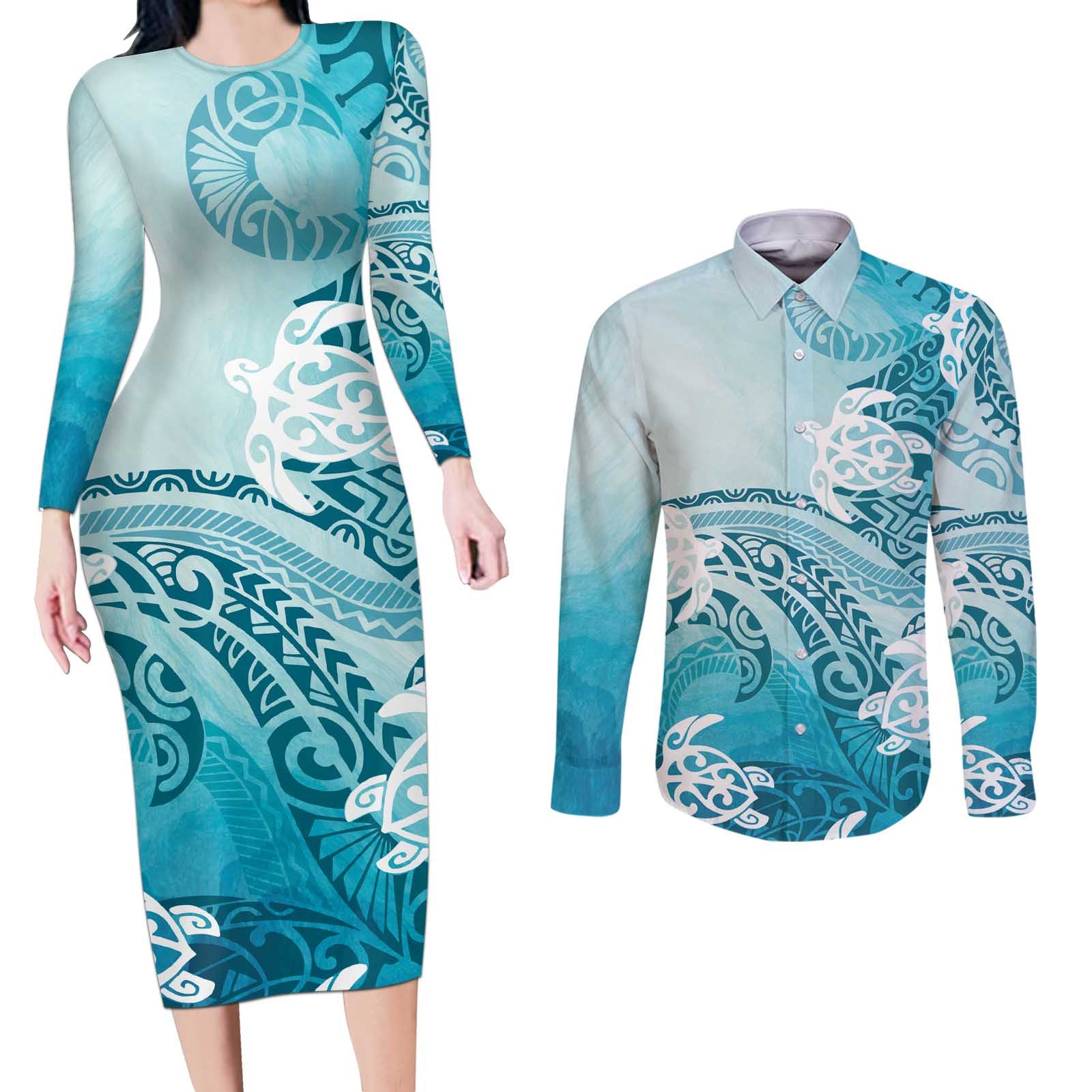Polynesia Turtle Couples Matching Long Sleeve Bodycon Dress and Long Sleeve Button Shirt Watercolor Abstract Style