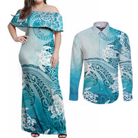 Polynesia Turtle Couples Matching Off Shoulder Maxi Dress and Long Sleeve Button Shirt Watercolor Abstract Style