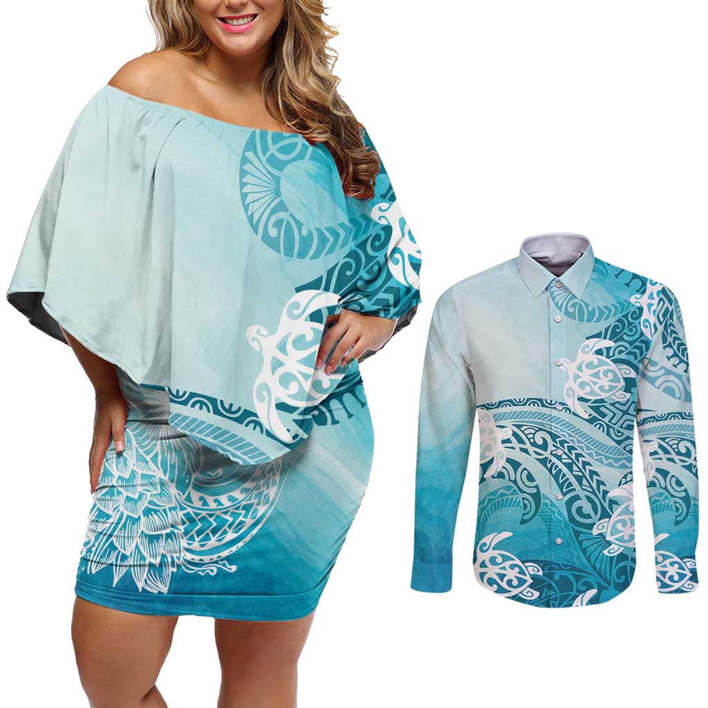 Polynesia Turtle Couples Matching Off Shoulder Short Dress and Long Sleeve Button Shirt Watercolor Abstract Style