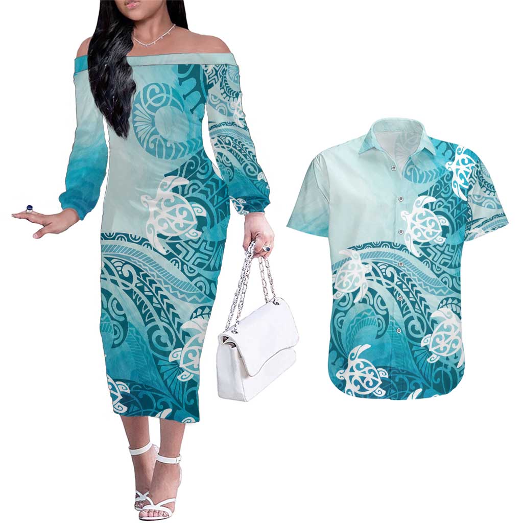 Polynesia Turtle Couples Matching Off The Shoulder Long Sleeve Dress and Hawaiian Shirt Watercolor Abstract Style