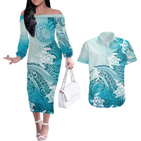 Polynesia Turtle Couples Matching Off The Shoulder Long Sleeve Dress and Hawaiian Shirt Watercolor Abstract Style