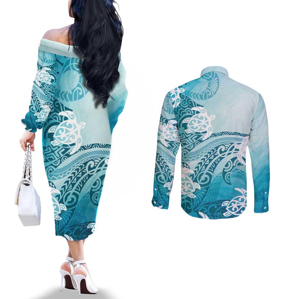 Polynesia Turtle Couples Matching Off The Shoulder Long Sleeve Dress and Long Sleeve Button Shirt Watercolor Abstract Style