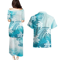 Polynesia Turtle Couples Matching Puletasi and Hawaiian Shirt Watercolor Abstract Style