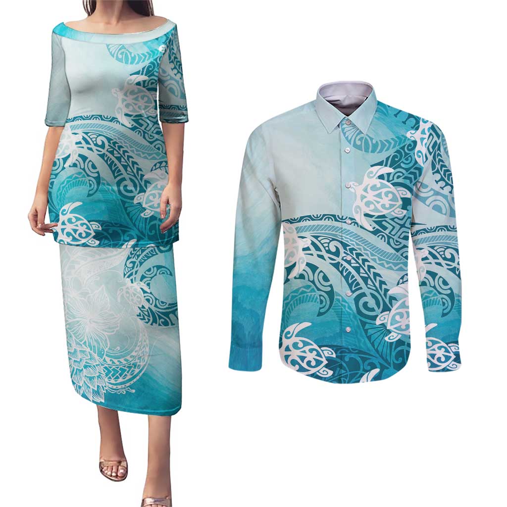 Polynesia Turtle Couples Matching Puletasi and Long Sleeve Button Shirt Watercolor Abstract Style