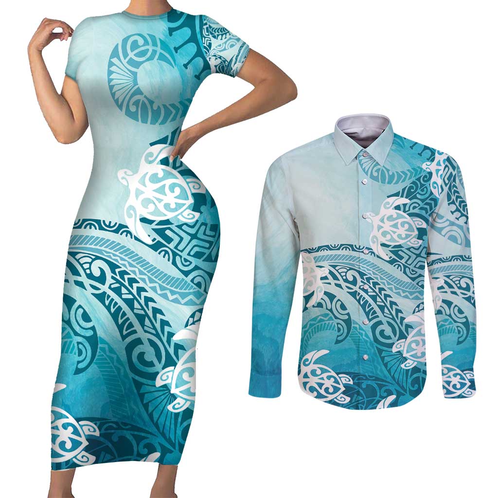 Polynesia Turtle Couples Matching Short Sleeve Bodycon Dress and Long Sleeve Button Shirt Watercolor Abstract Style