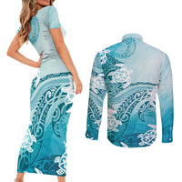 Polynesia Turtle Couples Matching Short Sleeve Bodycon Dress and Long Sleeve Button Shirt Watercolor Abstract Style