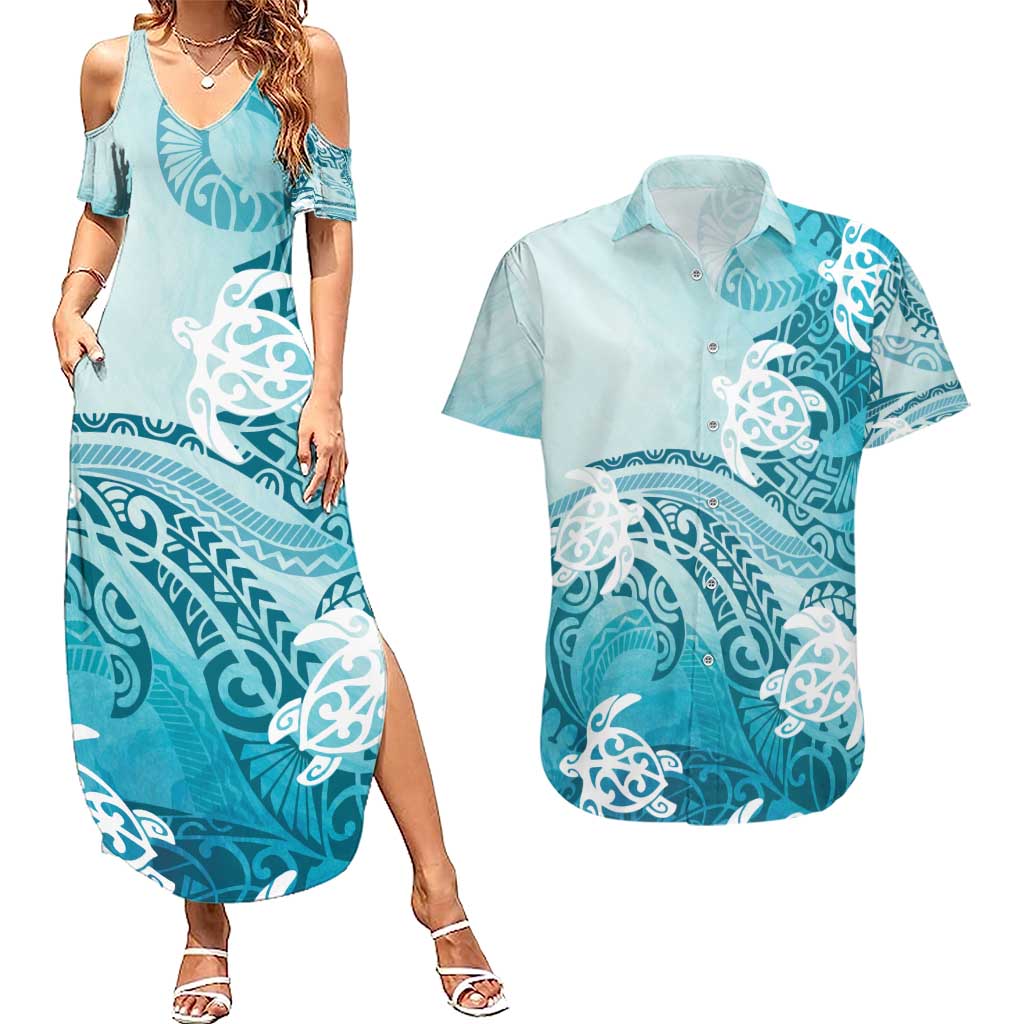 Polynesia Turtle Couples Matching Summer Maxi Dress and Hawaiian Shirt Watercolor Abstract Style