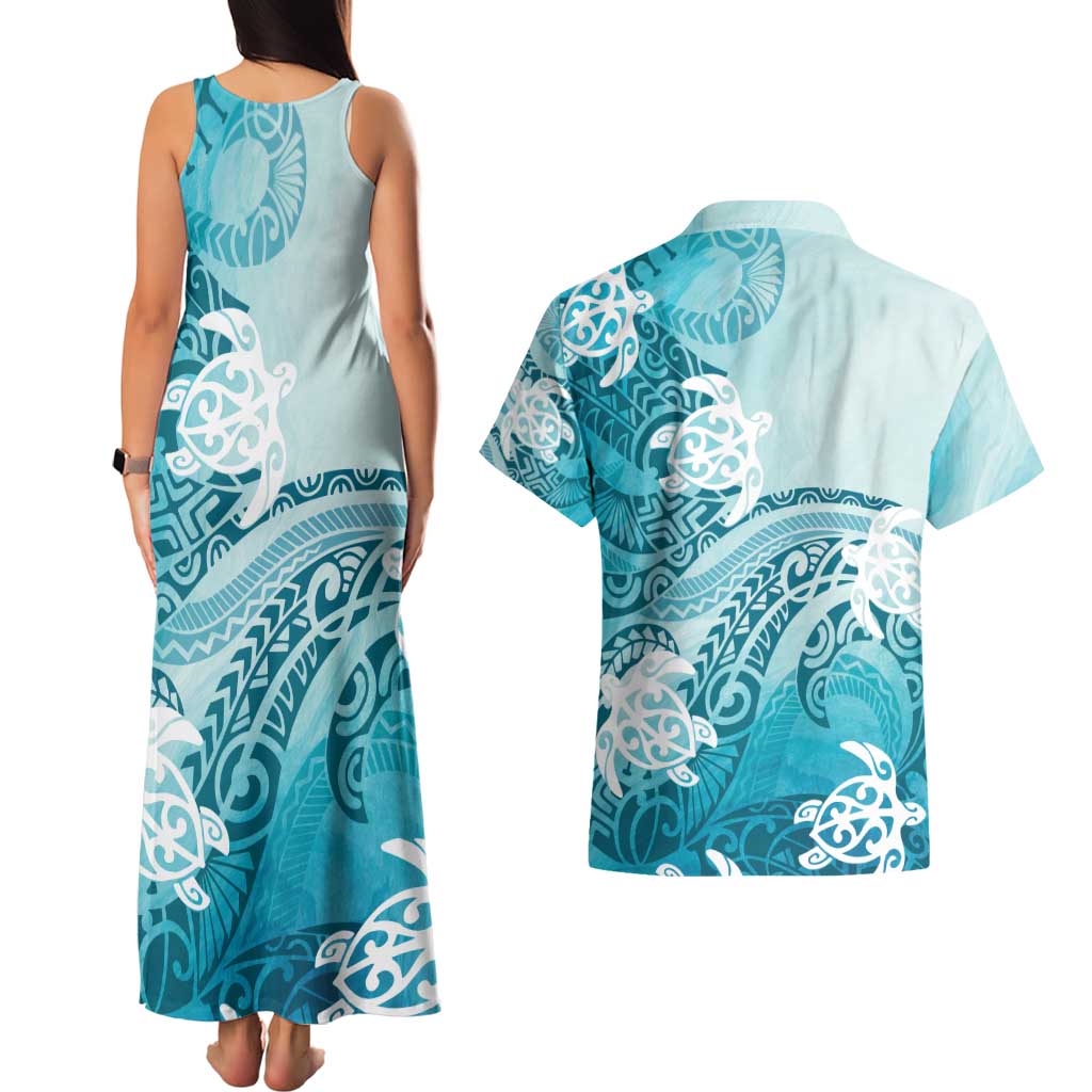 Polynesia Turtle Couples Matching Tank Maxi Dress and Hawaiian Shirt Watercolor Abstract Style