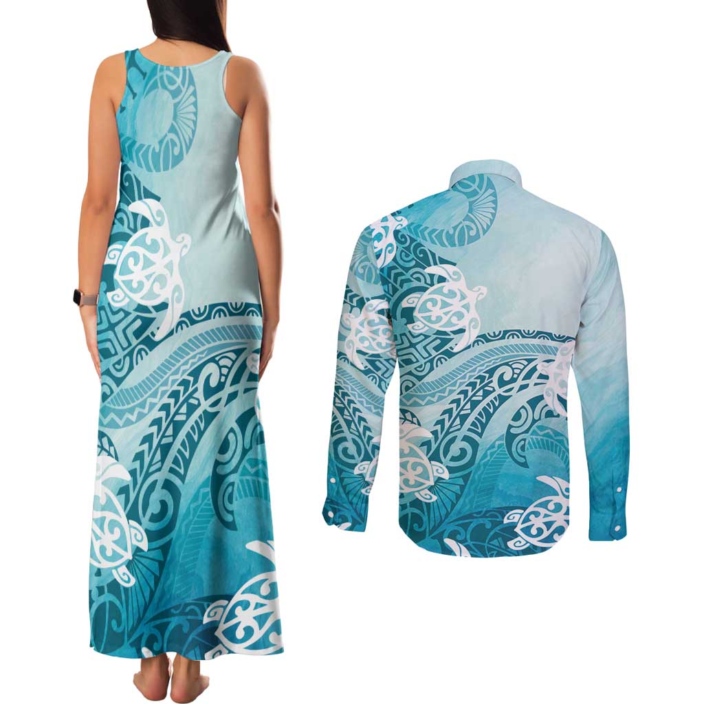 Polynesia Turtle Couples Matching Tank Maxi Dress and Long Sleeve Button Shirt Watercolor Abstract Style