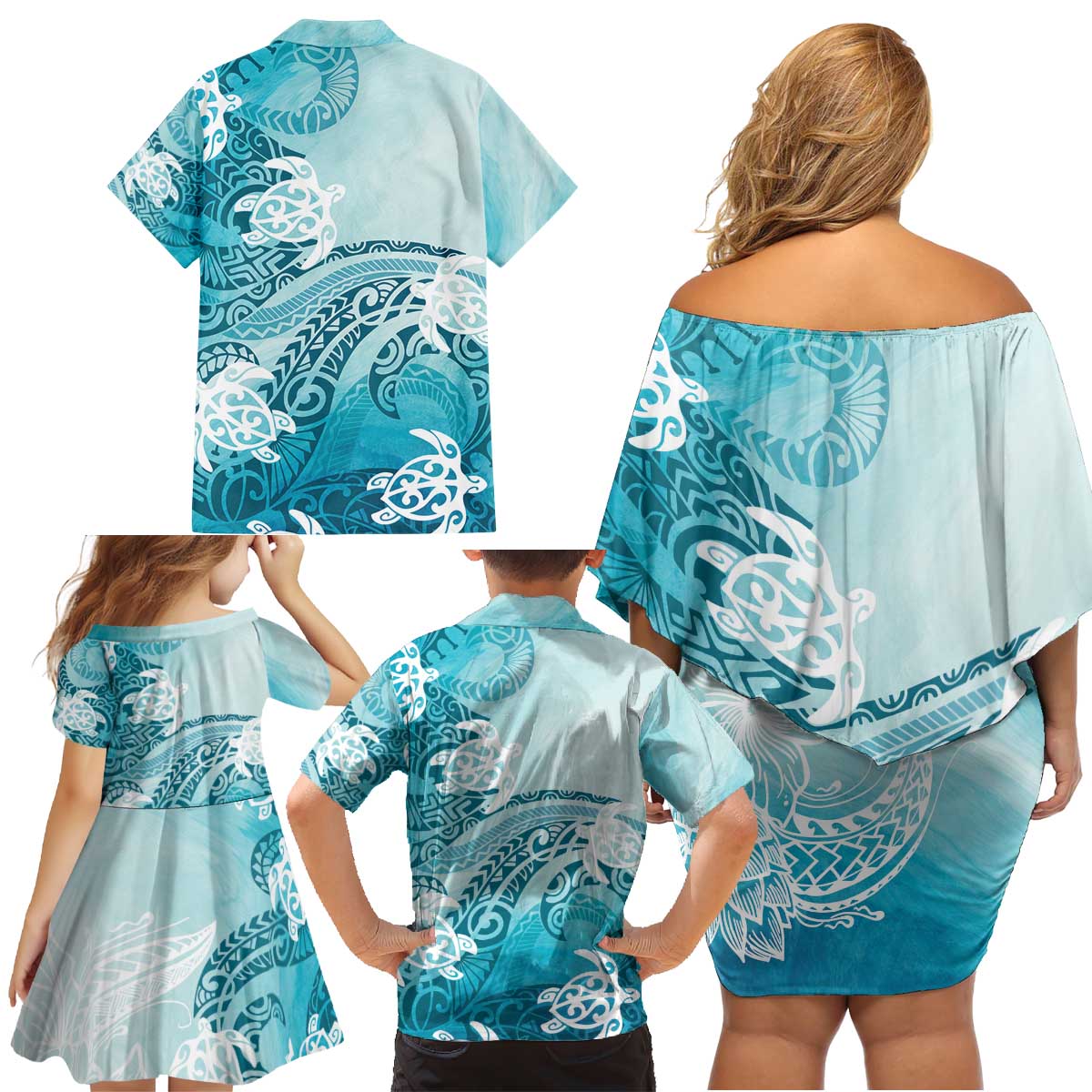 Polynesia Turtle Family Matching Off Shoulder Short Dress and Hawaiian Shirt Watercolor Abstract Style LT7 - Polynesian Pride