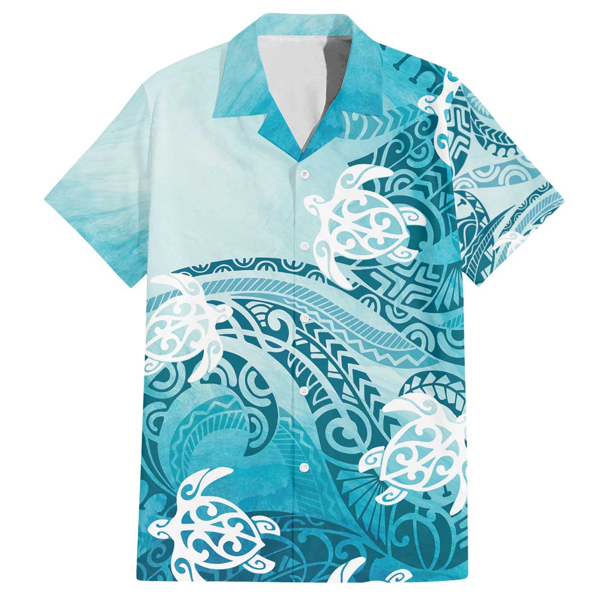 Polynesia Turtle Family Matching Off Shoulder Short Dress and Hawaiian Shirt Watercolor Abstract Style LT7 Dad's Shirt - Short Sleeve Blue - Polynesian Pride