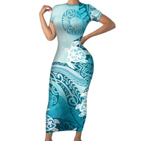 Polynesia Turtle Family Matching Short Sleeve Bodycon Dress and Hawaiian Shirt Watercolor Abstract Style LT7 Mom's Dress Blue - Polynesian Pride