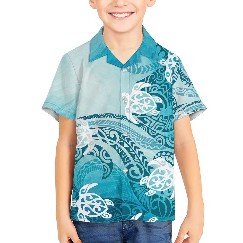 Polynesia Turtle Family Matching Short Sleeve Bodycon Dress and Hawaiian Shirt Watercolor Abstract Style LT7 Son's Shirt Blue - Polynesian Pride