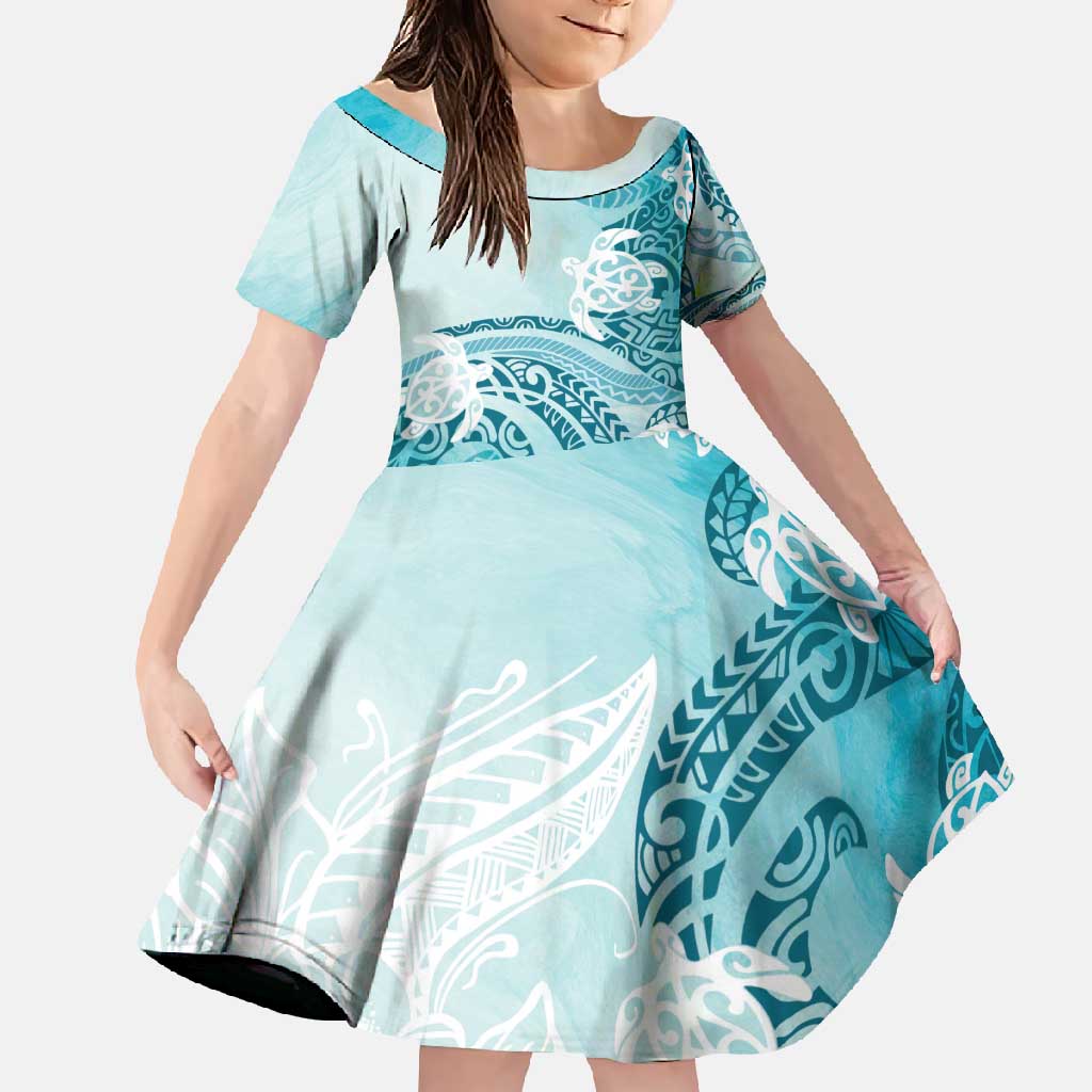 Polynesia Turtle Family Matching Tank Maxi Dress and Hawaiian Shirt Watercolor Abstract Style LT7 Daughter's Dress Blue - Polynesian Pride