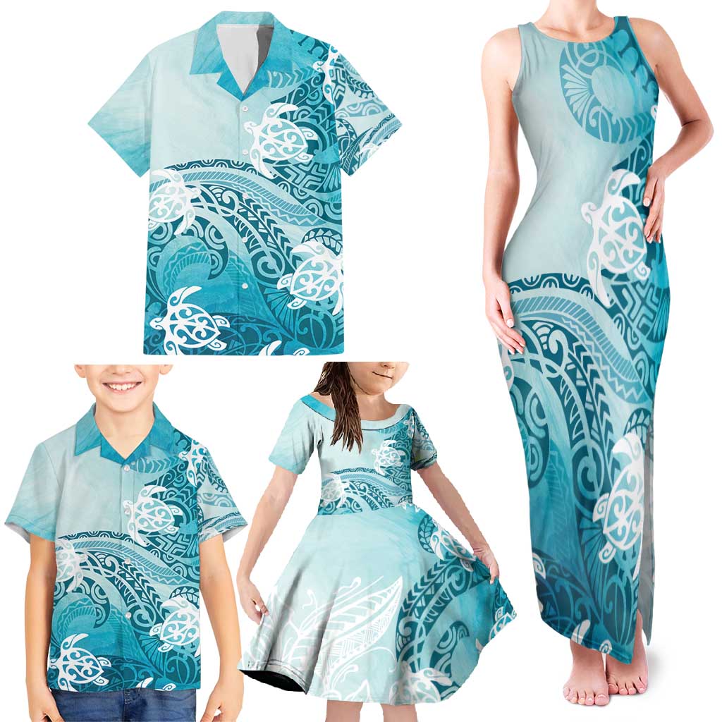 Polynesia Turtle Family Matching Tank Maxi Dress and Hawaiian Shirt Watercolor Abstract Style LT7 - Polynesian Pride