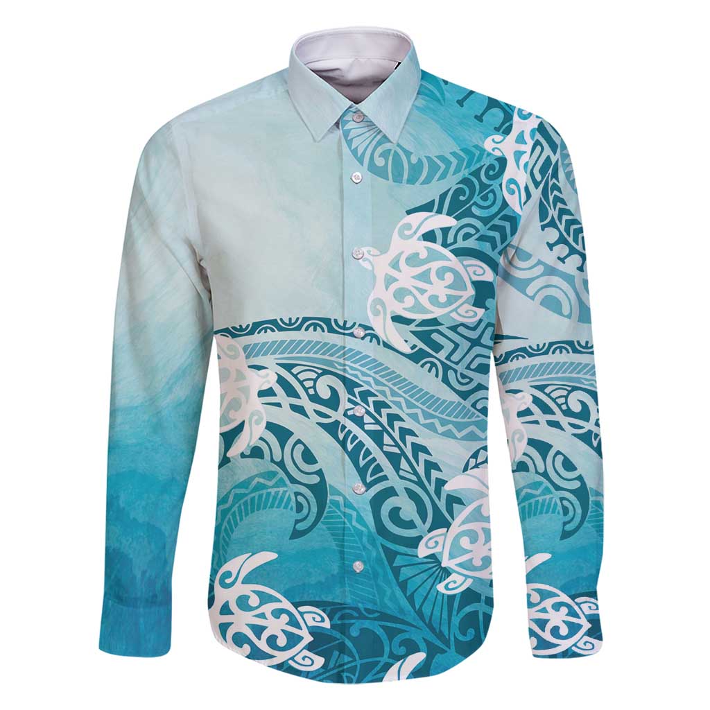 Polynesia Turtle Family Matching Tank Maxi Dress and Hawaiian Shirt Watercolor Abstract Style LT7 Dad's Shirt - Long Sleeve Blue - Polynesian Pride