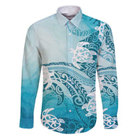 Polynesia Turtle Family Matching Tank Maxi Dress and Hawaiian Shirt Watercolor Abstract Style LT7 Dad's Shirt - Long Sleeve Blue - Polynesian Pride