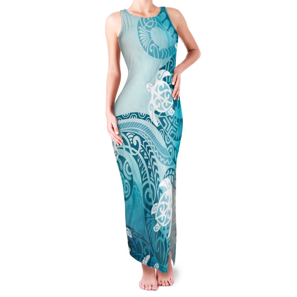 Polynesia Turtle Family Matching Tank Maxi Dress and Hawaiian Shirt Watercolor Abstract Style LT7 Mom's Dress Blue - Polynesian Pride