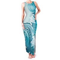 Polynesia Turtle Family Matching Tank Maxi Dress and Hawaiian Shirt Watercolor Abstract Style LT7 Mom's Dress Blue - Polynesian Pride