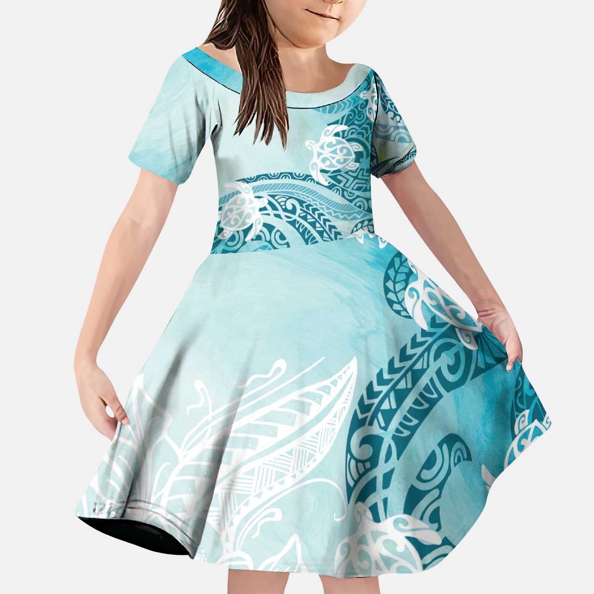 Polynesia Turtle Kid Short Sleeve Dress Watercolor Abstract Style LT7 KID Blue - Polynesian Pride