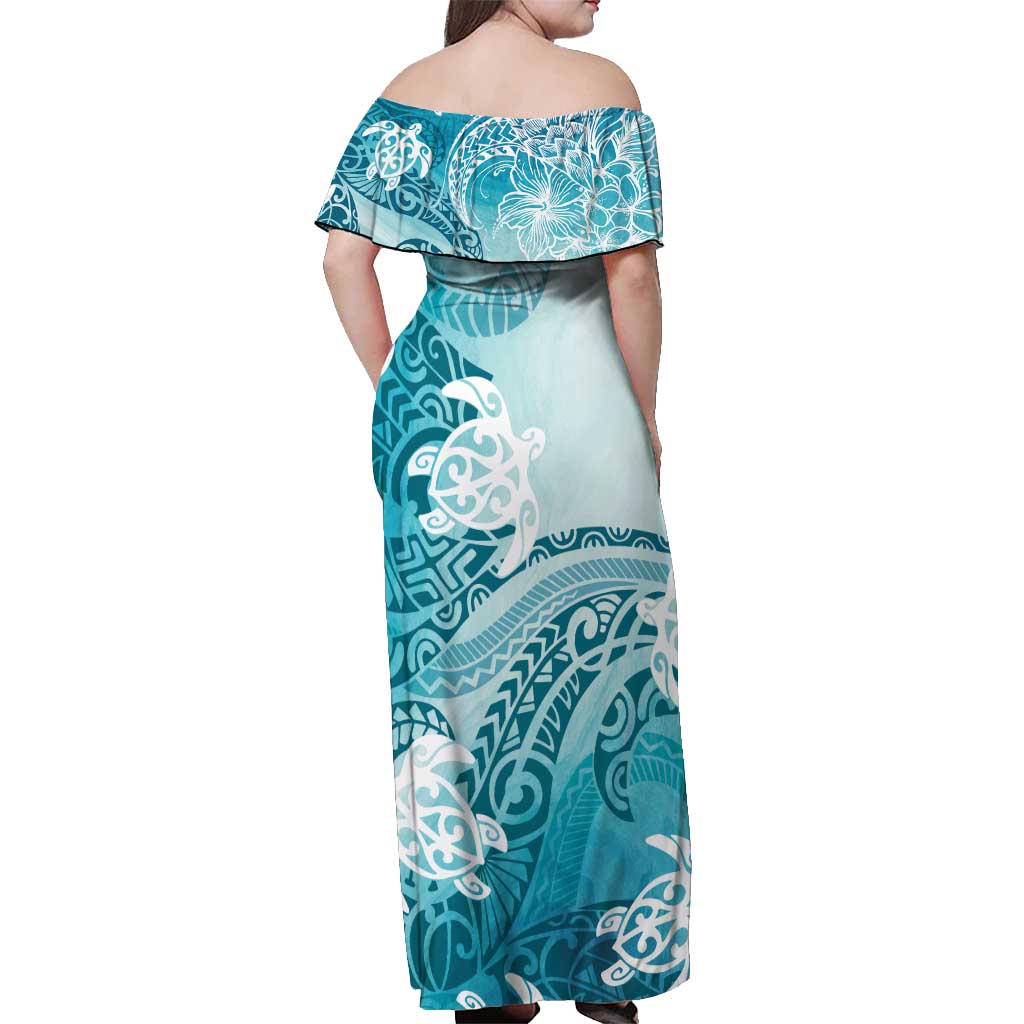 Polynesia Turtle Off Shoulder Maxi Dress Watercolor Abstract Style LT7 - Polynesian Pride