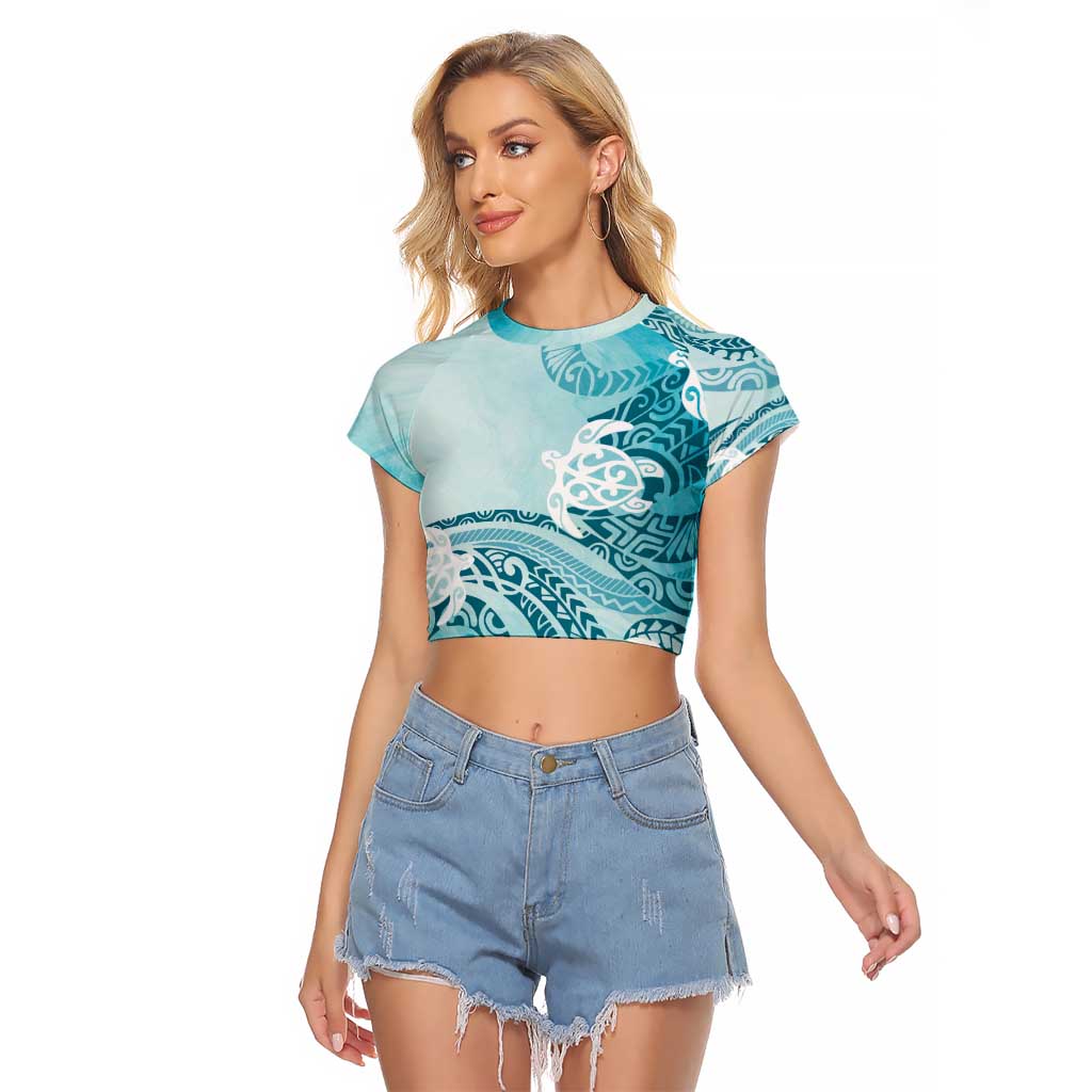 Polynesia Turtle Raglan Cropped T Shirt Watercolor Abstract Style LT7 Female Blue - Polynesian Pride