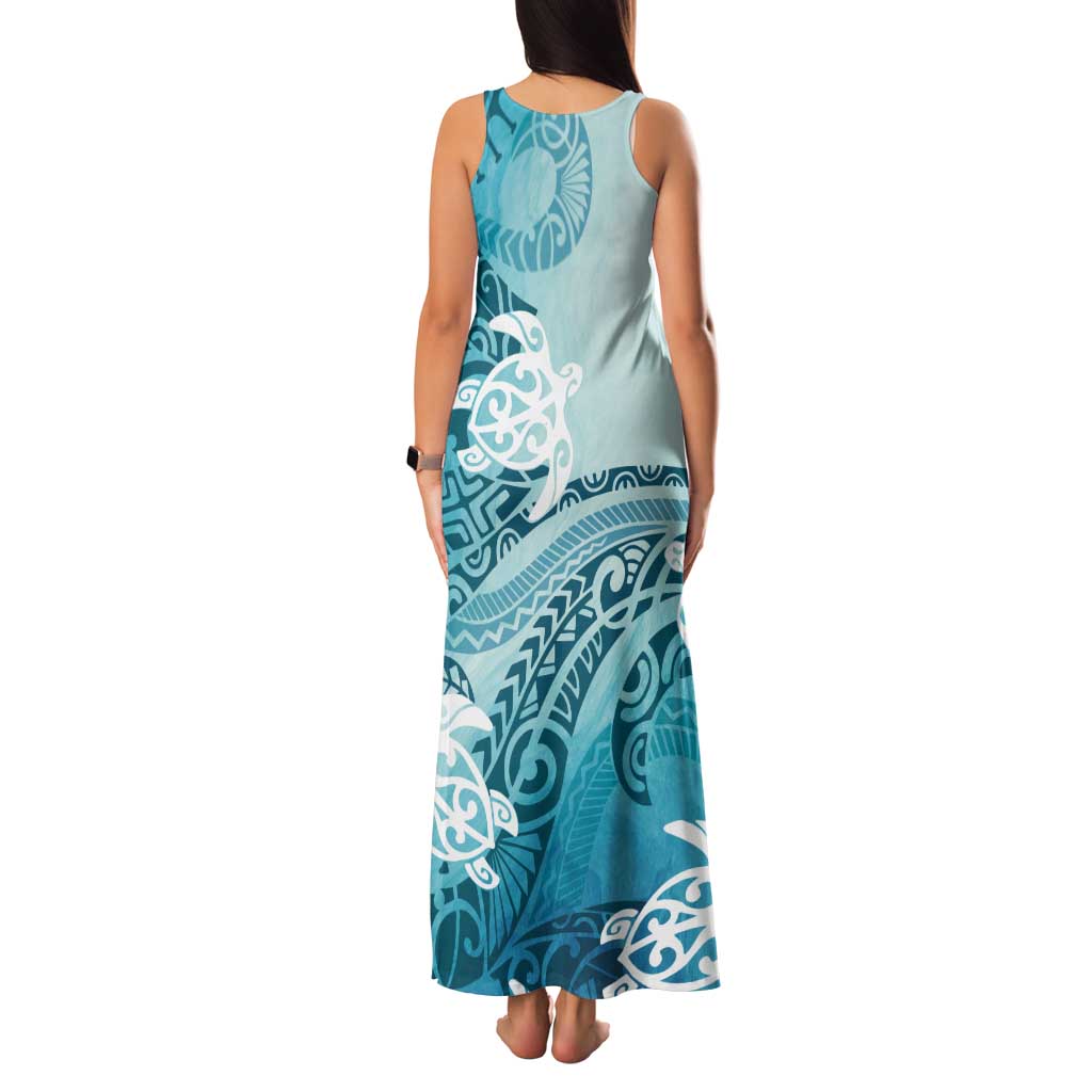 Polynesia Turtle Tank Maxi Dress Watercolor Abstract Style