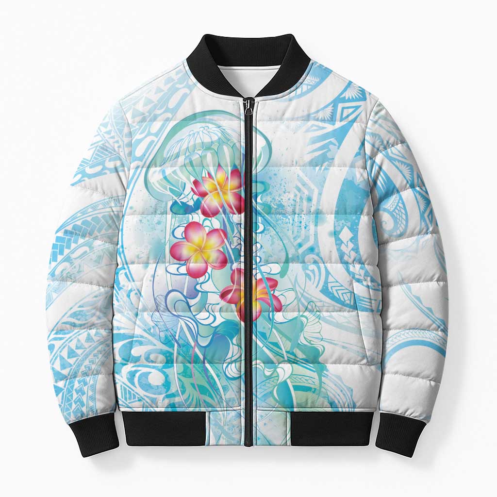 Sea Blue Polynesian Jellyfish Bomber Puffer Jacket Watercolor Glows LT7 Unisex Light Blue - Polynesian Pride