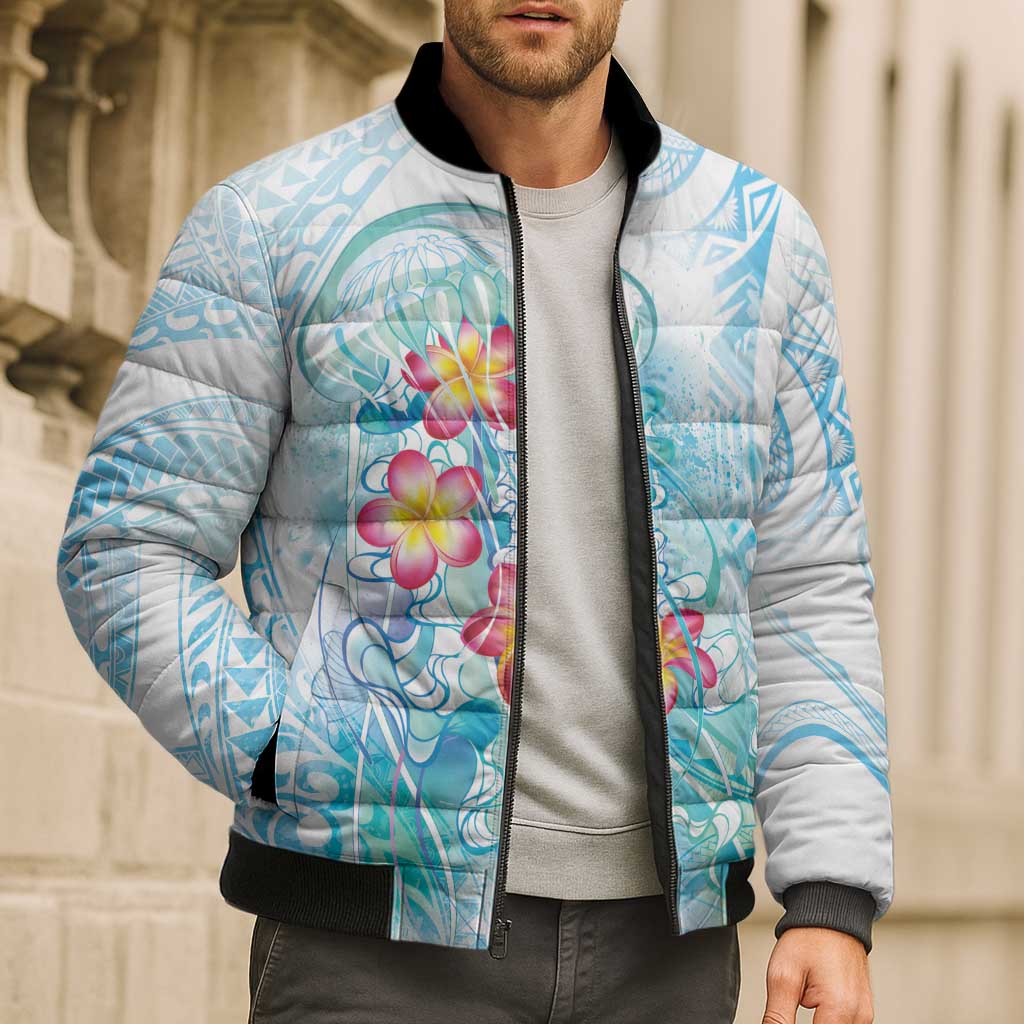 Sea Blue Polynesian Jellyfish Bomber Puffer Jacket Watercolor Glows LT7 - Polynesian Pride