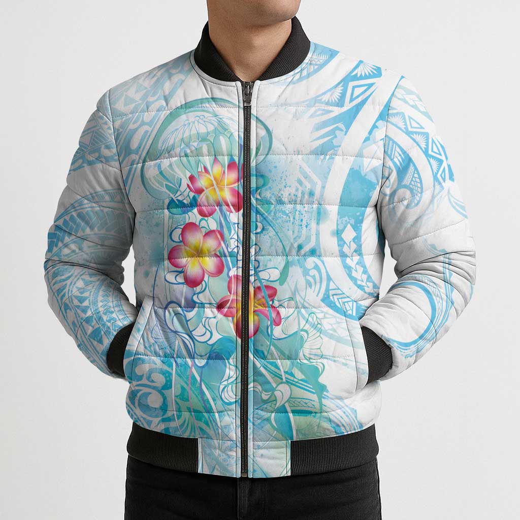 Sea Blue Polynesian Jellyfish Bomber Puffer Jacket Watercolor Glows LT7 - Polynesian Pride