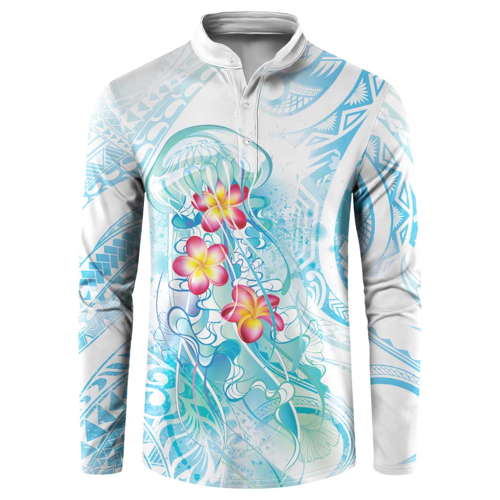 Sea Blue Polynesian Jellyfish Button Sweatshirt Watercolor Glows LT7 Light Blue - Polynesian Pride