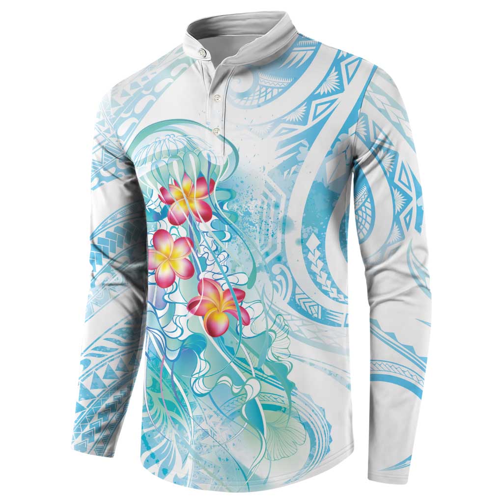 Sea Blue Polynesian Jellyfish Button Sweatshirt Watercolor Glows LT7 - Polynesian Pride