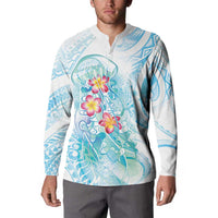 Sea Blue Polynesian Jellyfish Button Sweatshirt Watercolor Glows LT7 - Polynesian Pride