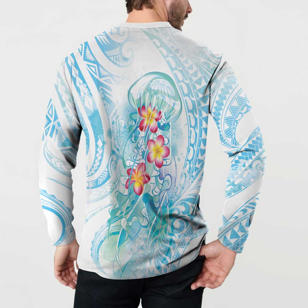 Sea Blue Polynesian Jellyfish Button Sweatshirt Watercolor Glows LT7 - Polynesian Pride