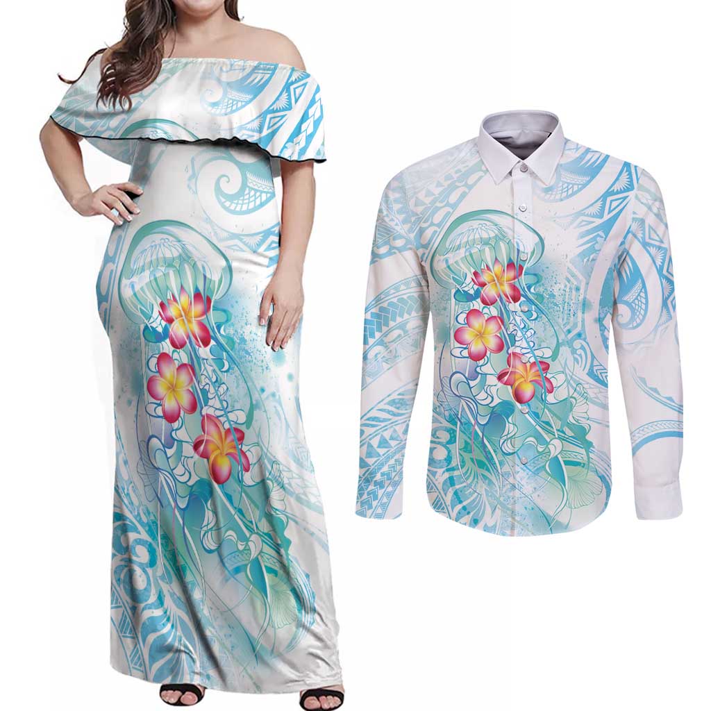 Sea Blue Polynesian Jellyfish Couples Matching Off Shoulder Maxi Dress and Long Sleeve Button Shirt Watercolor Glows LT7 Light Blue - Polynesian Pride