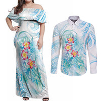 Sea Blue Polynesian Jellyfish Couples Matching Off Shoulder Maxi Dress and Long Sleeve Button Shirt Watercolor Glows LT7 Light Blue - Polynesian Pride