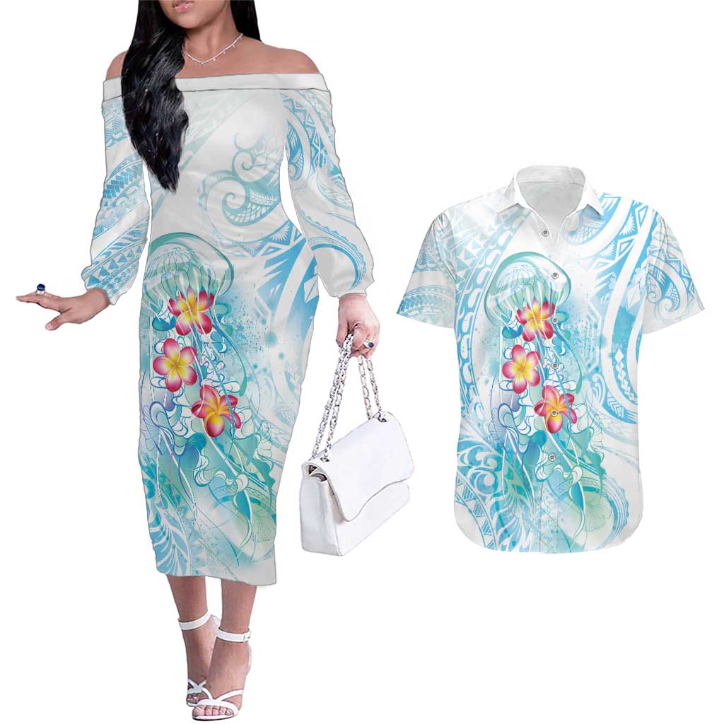 Sea Blue Polynesian Jellyfish Couples Matching Off The Shoulder Long Sleeve Dress and Hawaiian Shirt Watercolor Glows - Polynesian Pride