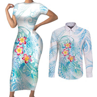 Sea Blue Polynesian Jellyfish Couples Matching Short Sleeve Bodycon Dress and Long Sleeve Button Shirt Watercolor Glows LT7 Light Blue - Polynesian Pride