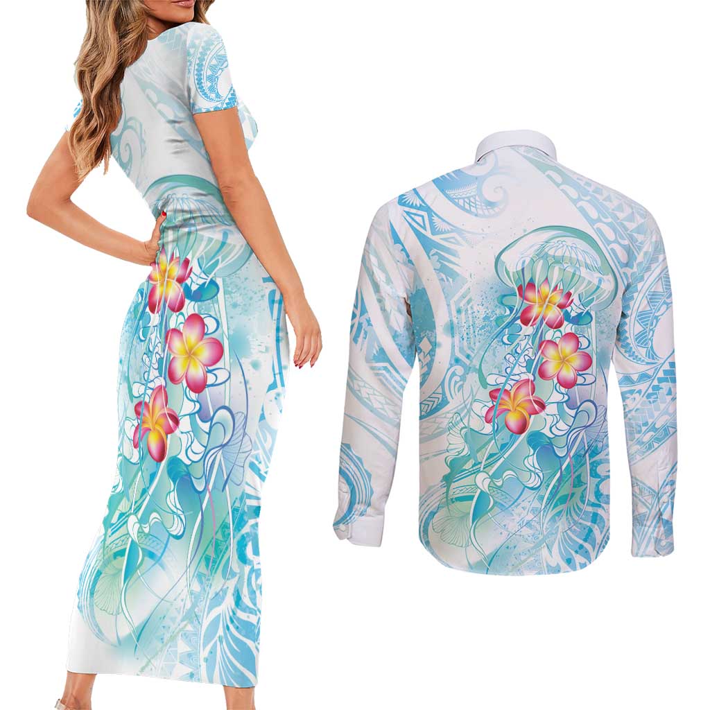 Sea Blue Polynesian Jellyfish Couples Matching Short Sleeve Bodycon Dress and Long Sleeve Button Shirt Watercolor Glows LT7 - Polynesian Pride