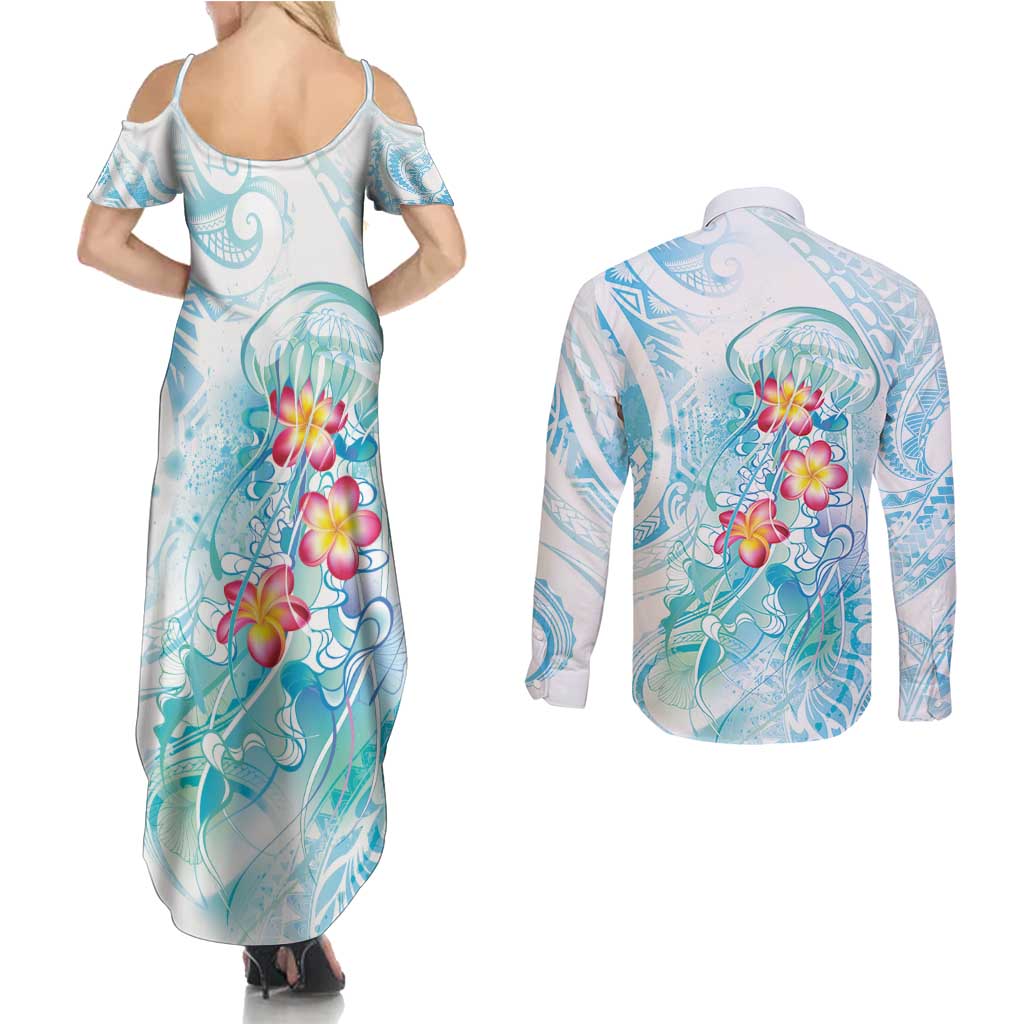 Sea Blue Polynesian Jellyfish Couples Matching Summer Maxi Dress and Long Sleeve Button Shirt Watercolor Glows LT7 - Polynesian Pride