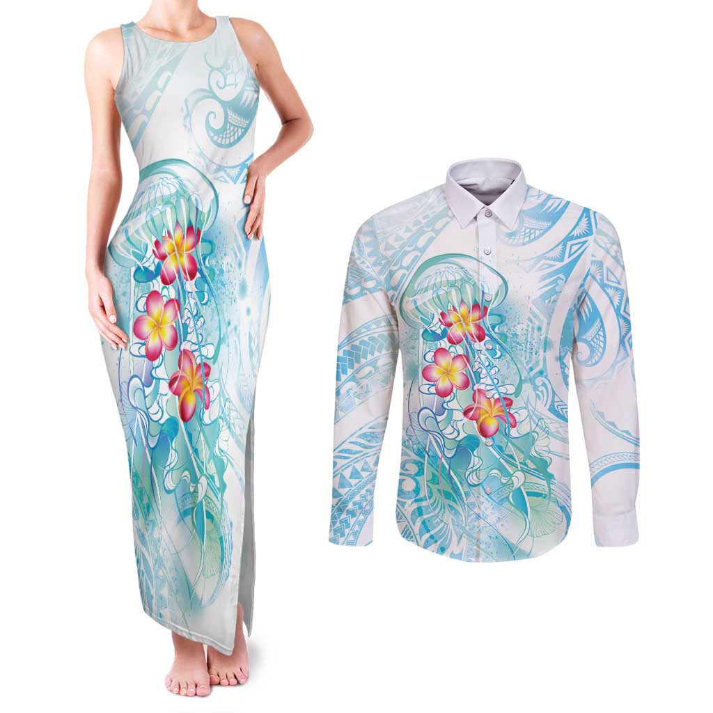 Sea Blue Polynesian Jellyfish Couples Matching Tank Maxi Dress and Long Sleeve Button Shirt Watercolor Glows LT7 Light Blue - Polynesian Pride