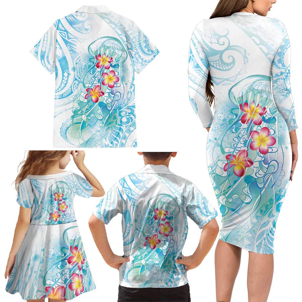 Sea Blue Polynesian Jellyfish Family Matching Long Sleeve Bodycon Dress and Hawaiian Shirt Watercolor Glows - Polynesian Pride