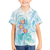 Sea Blue Polynesian Jellyfish Family Matching Off The Shoulder Long Sleeve Dress and Hawaiian Shirt Watercolor Glows - Polynesian Pride
