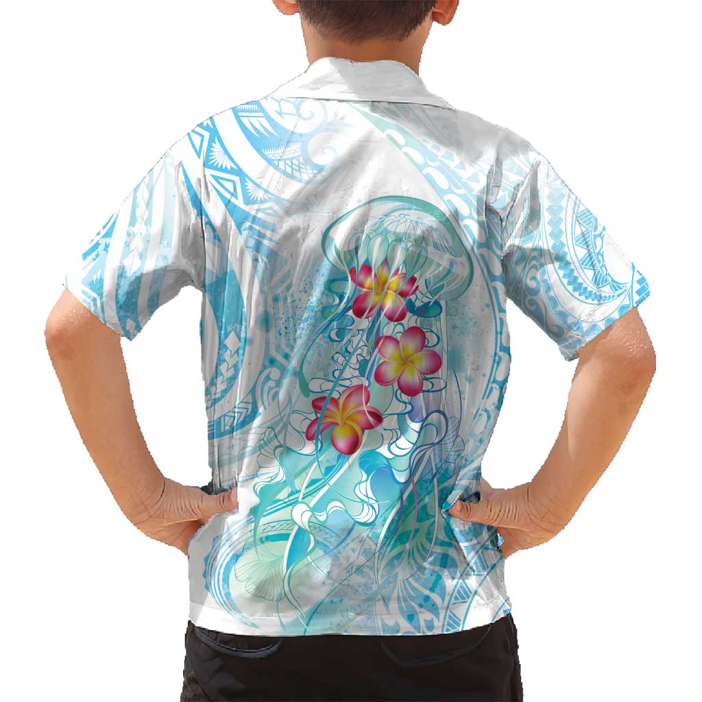 Sea Blue Polynesian Jellyfish Family Matching Off Shoulder Short Dress and Hawaiian Shirt Watercolor Glows - Polynesian Pride