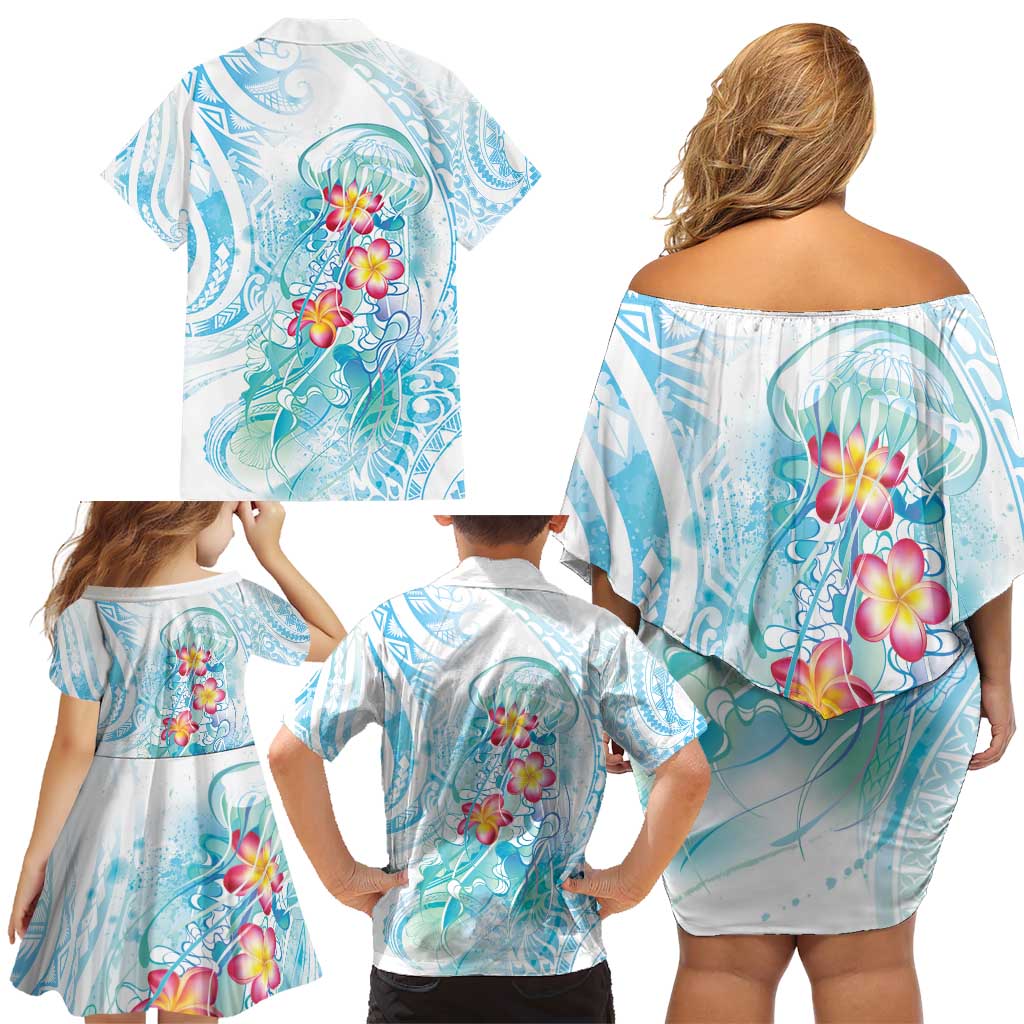 Sea Blue Polynesian Jellyfish Family Matching Off Shoulder Short Dress and Hawaiian Shirt Watercolor Glows - Polynesian Pride