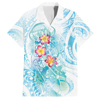Sea Blue Polynesian Jellyfish Family Matching Off Shoulder Short Dress and Hawaiian Shirt Watercolor Glows - Polynesian Pride