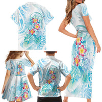 Sea Blue Polynesian Jellyfish Family Matching Short Sleeve Bodycon Dress and Hawaiian Shirt Watercolor Glows - Polynesian Pride