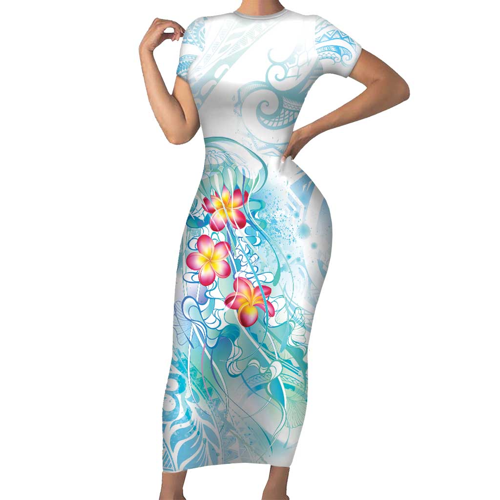 Sea Blue Polynesian Jellyfish Family Matching Short Sleeve Bodycon Dress and Hawaiian Shirt Watercolor Glows - Polynesian Pride