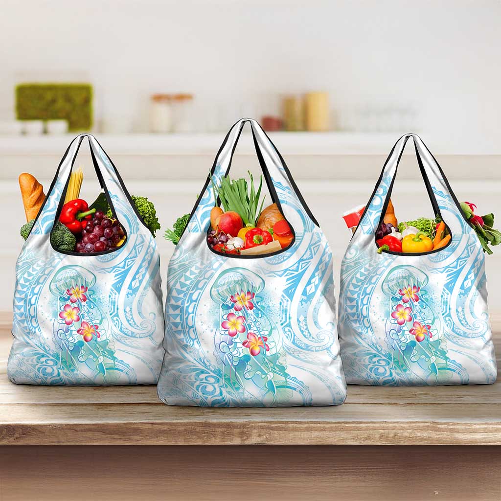 Sea Blue Polynesian Jellyfish Grocery Bag Watercolor Glows LT7 3-pack One Size Light Blue - Polynesian Pride