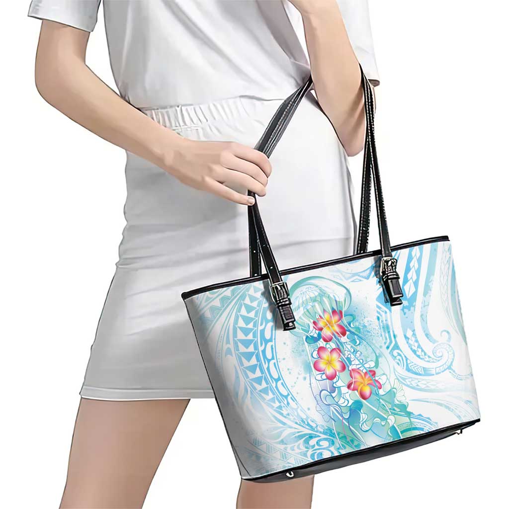 Sea Blue Polynesian Jellyfish Leather Tote Bag Watercolor Glows - Polynesian Pride